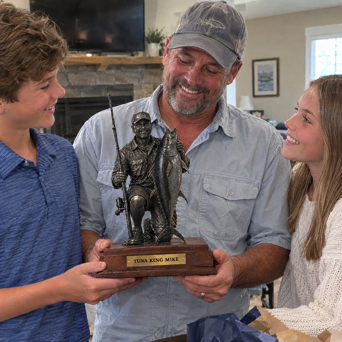 Kids give dad black metal fishing statue at his retirement party
