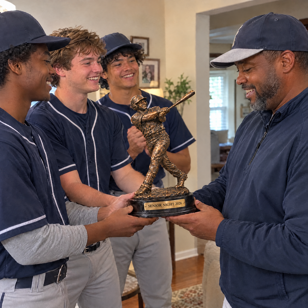 Players present the bronze-style baseball trophy to their coach at the banquet