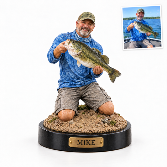 Custom photo fishing figurine on white with customer photo, name plate MIKE