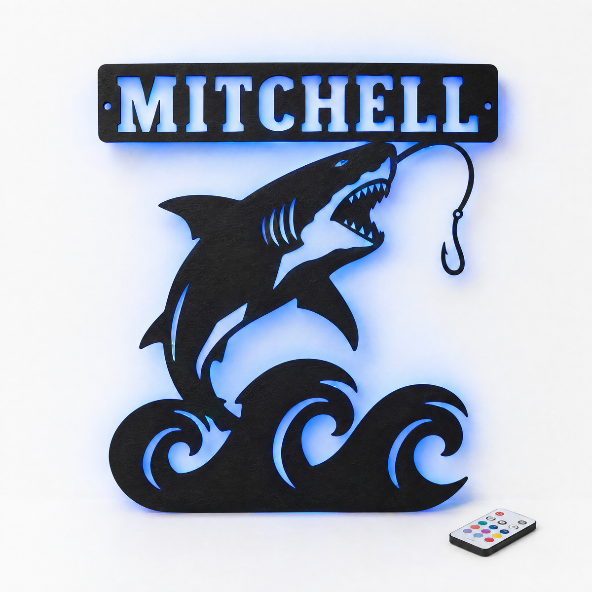 Custom shark fishing metal sign with name MITCHELL and blue LED backlight