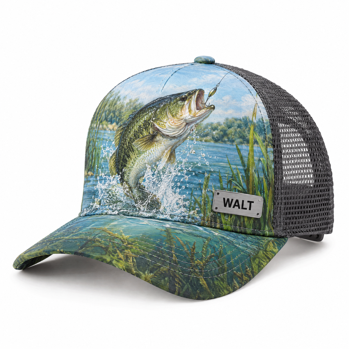 Personalized bass fishing trucker cap with WALT nameplate