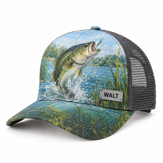 Personalized bass fishing trucker cap with WALT nameplate
