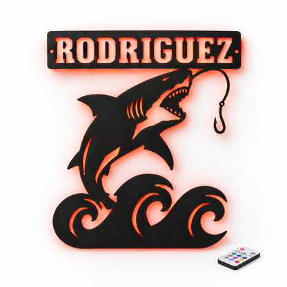 Shark metal name sign RODRIGUEZ with red LED backlight