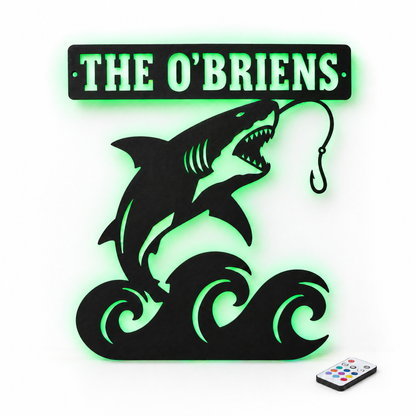 Shark metal name sign THE O'BRIENS with green LED backlight
