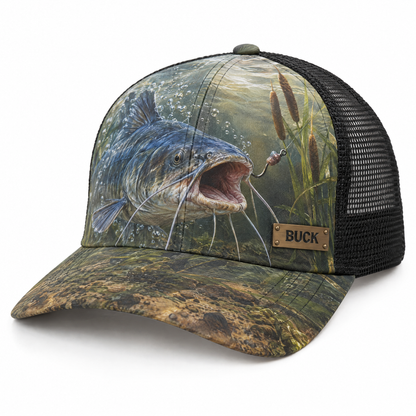 Personalized catfish angler trucker cap with BUCK nameplate
