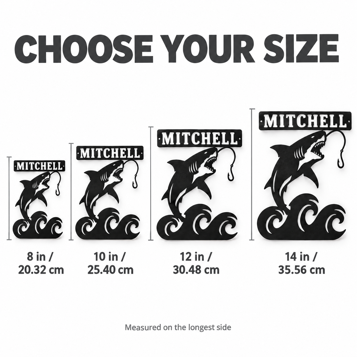 Shark name sign size chart 8 10 12 14 inches