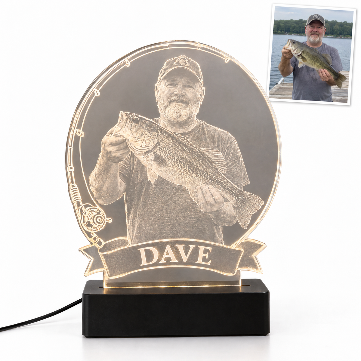 Custom photo fishing LED acrylic night light with name DAVE and customer photo