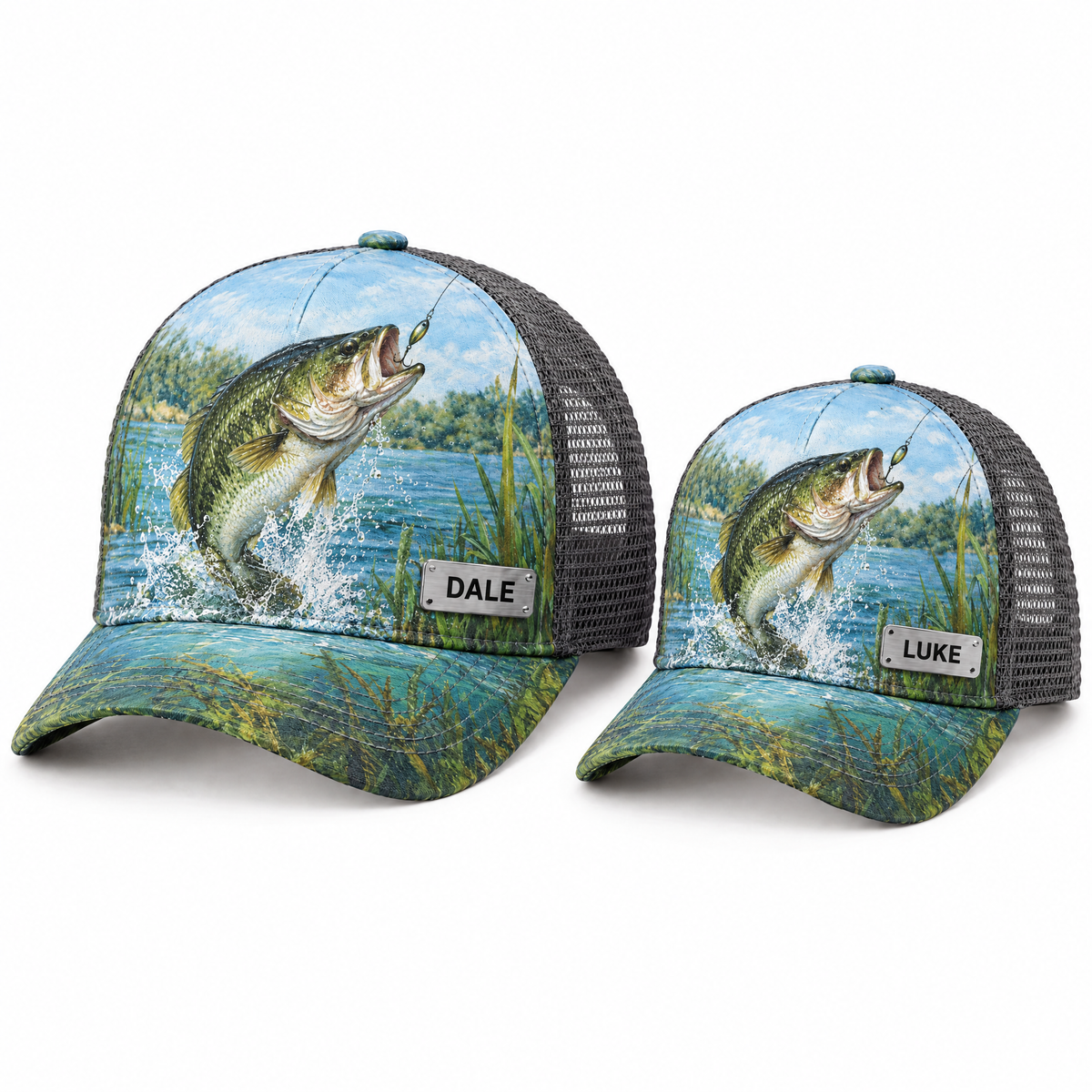 Adult and children bass caps named DALE and LUKE