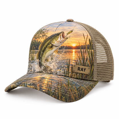 Sunset bass cap with khaki mesh and RAY brass nameplate