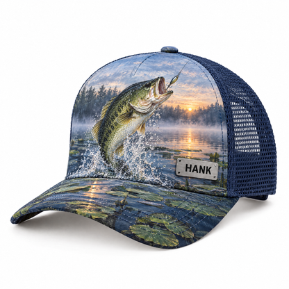Dawn lake bass cap with navy mesh and HANK nameplate