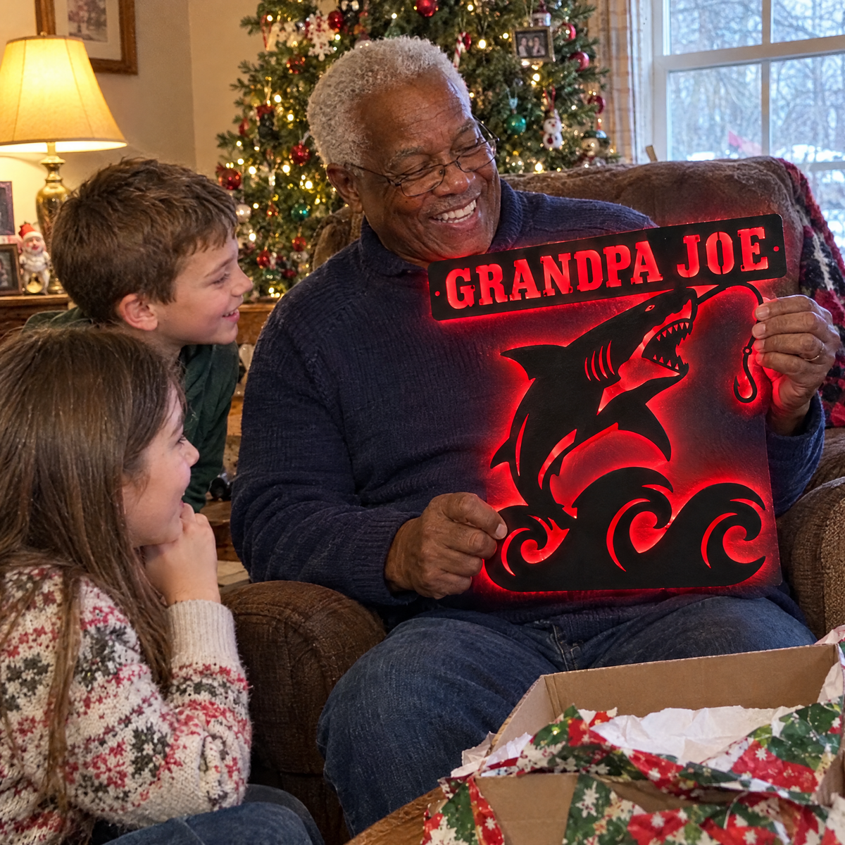 Grandkids watch grandpa open shark LED sign at Christmas