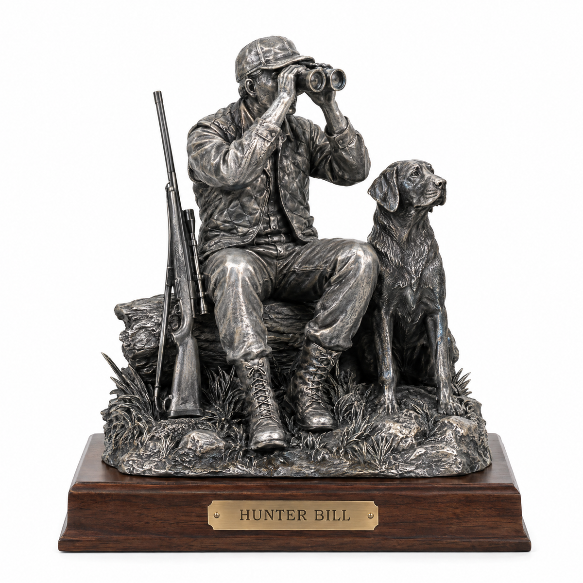 Pewter hunter and Labrador statue on walnut base, plaque HUNTER BILL