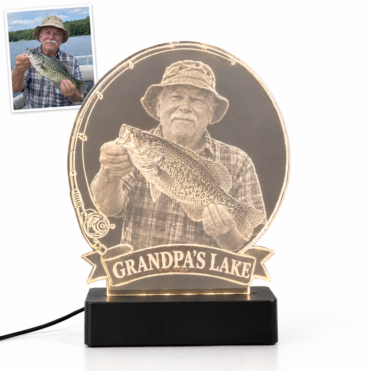 Grandpa holding crappie engraved LED light, banner GRANDPA'S LAKE