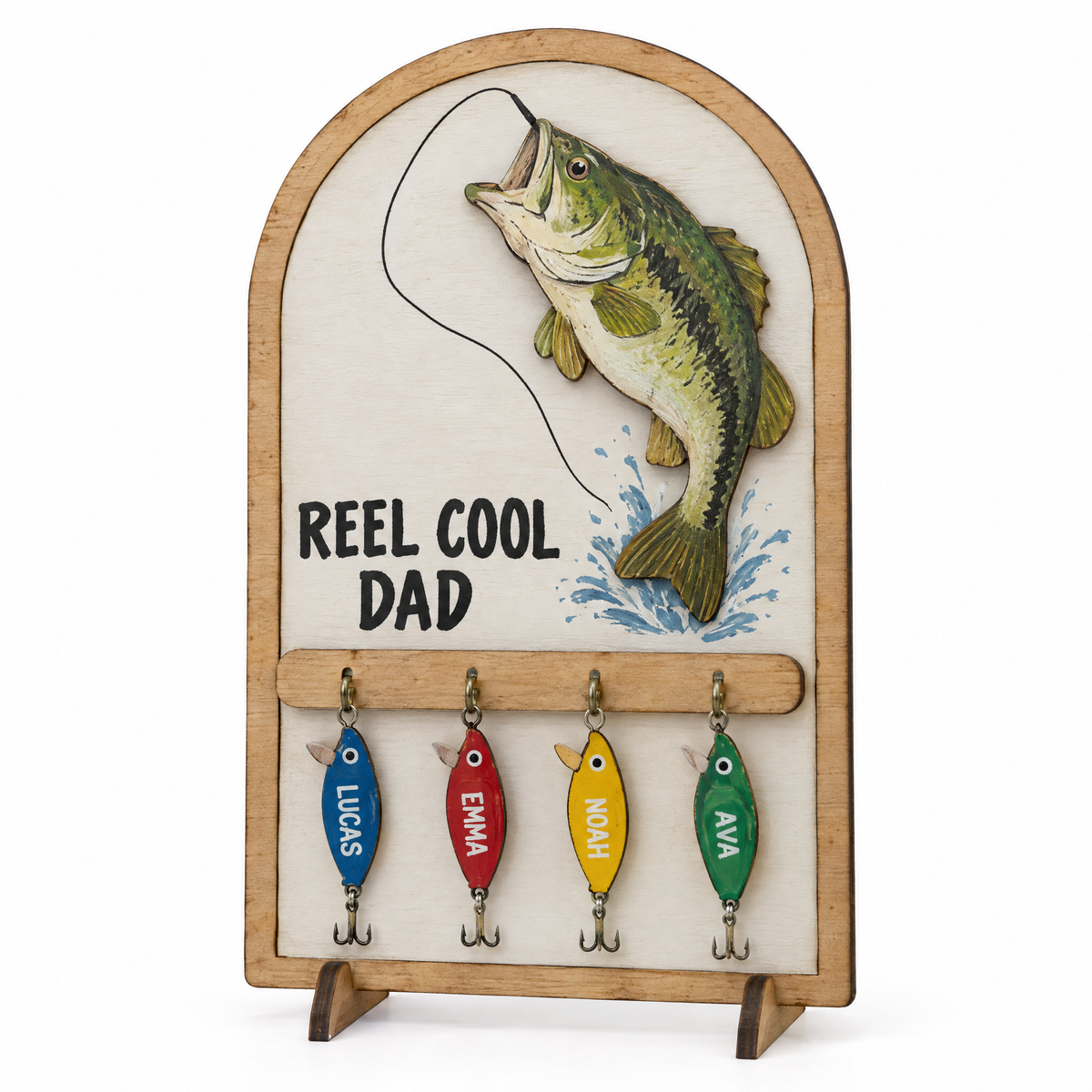Layered wooden bass sign REEL COOL DAD with four named lure tags
