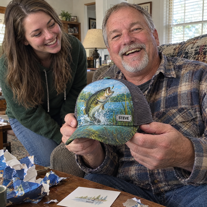 Daughter gives dad personalized bass cap on Father's Day
