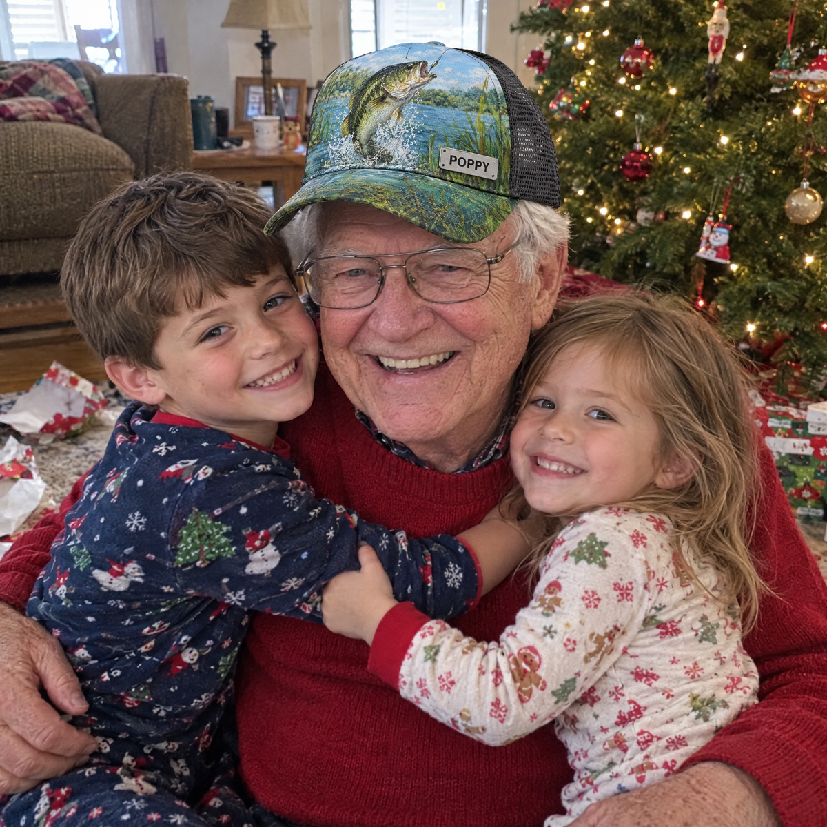 Grandkids hug grandpa wearing POPPY bass cap at Christmas