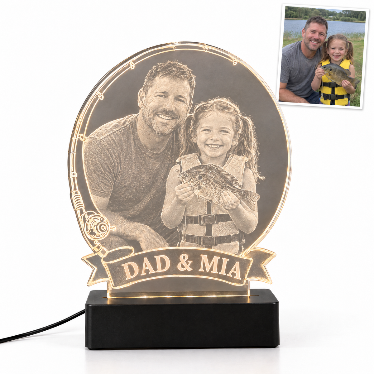 Dad and daughter with bluegill engraved LED light, banner DAD & MIA