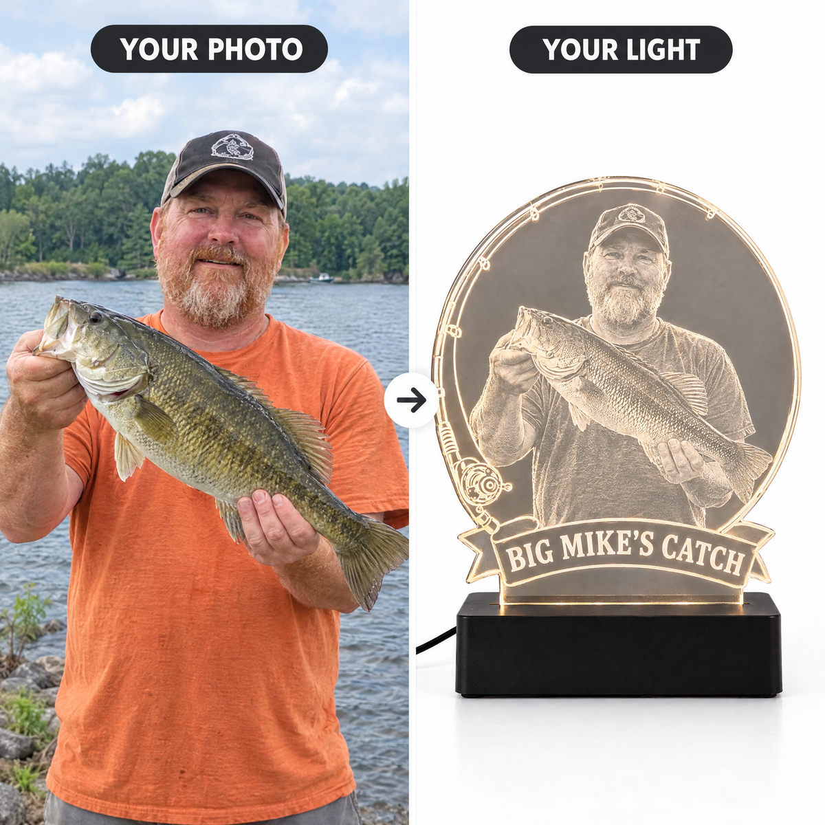 Customer fishing photo turned into engraved LED light