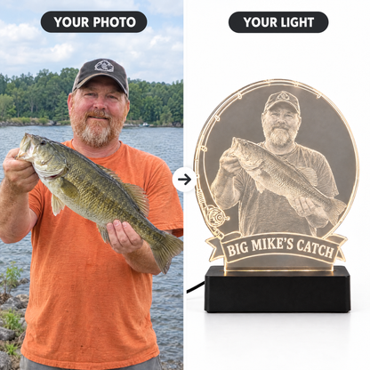 Customer fishing photo turned into engraved LED light