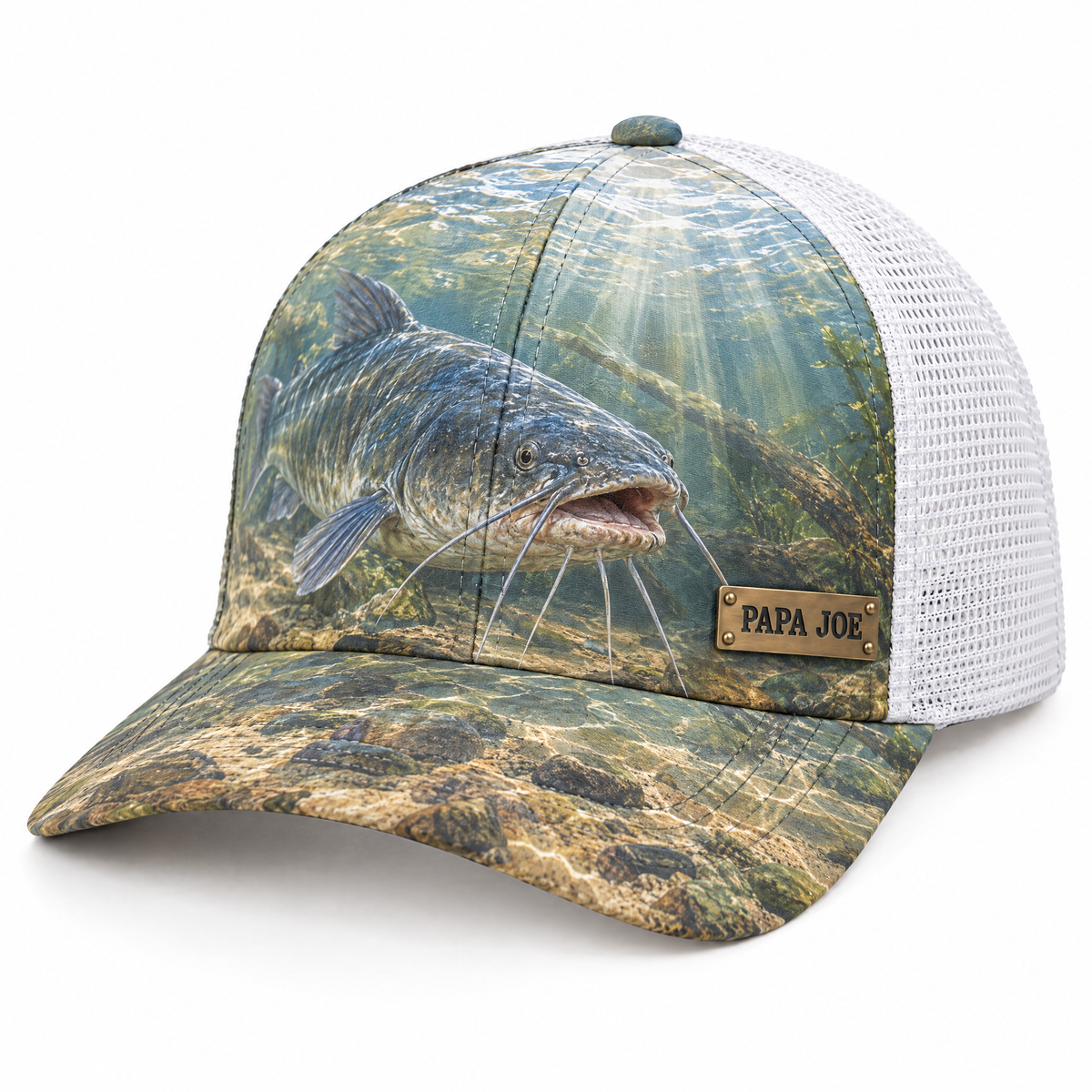 Sunlit creek catfish cap with white mesh and PAPA JOE nameplate