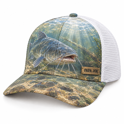Sunlit creek catfish cap with white mesh and PAPA JOE nameplate