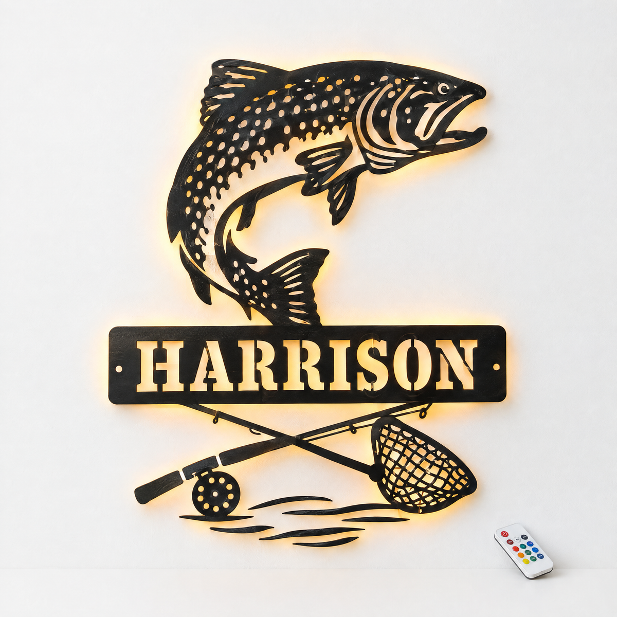 Custom salmon metal name sign HARRISON with amber LED backlight