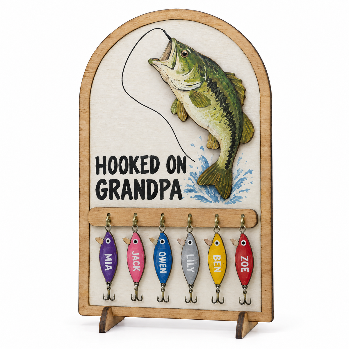 HOOKED ON GRANDPA wooden bass sign with six colored name lures