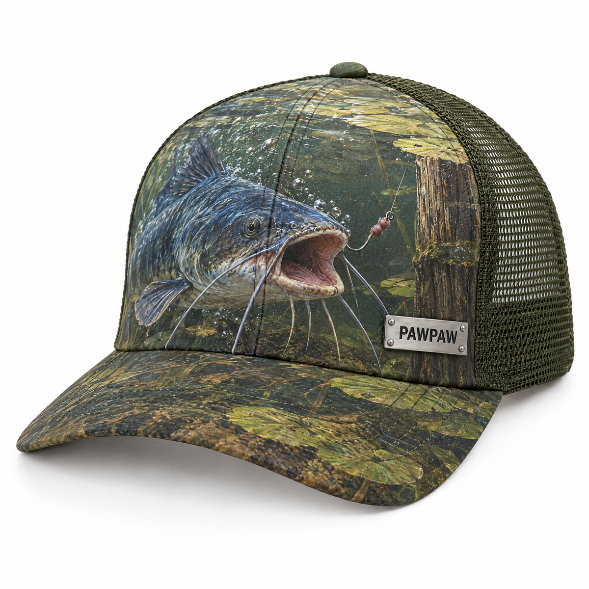 Olive mesh catfish cap with PAWPAW nameplate