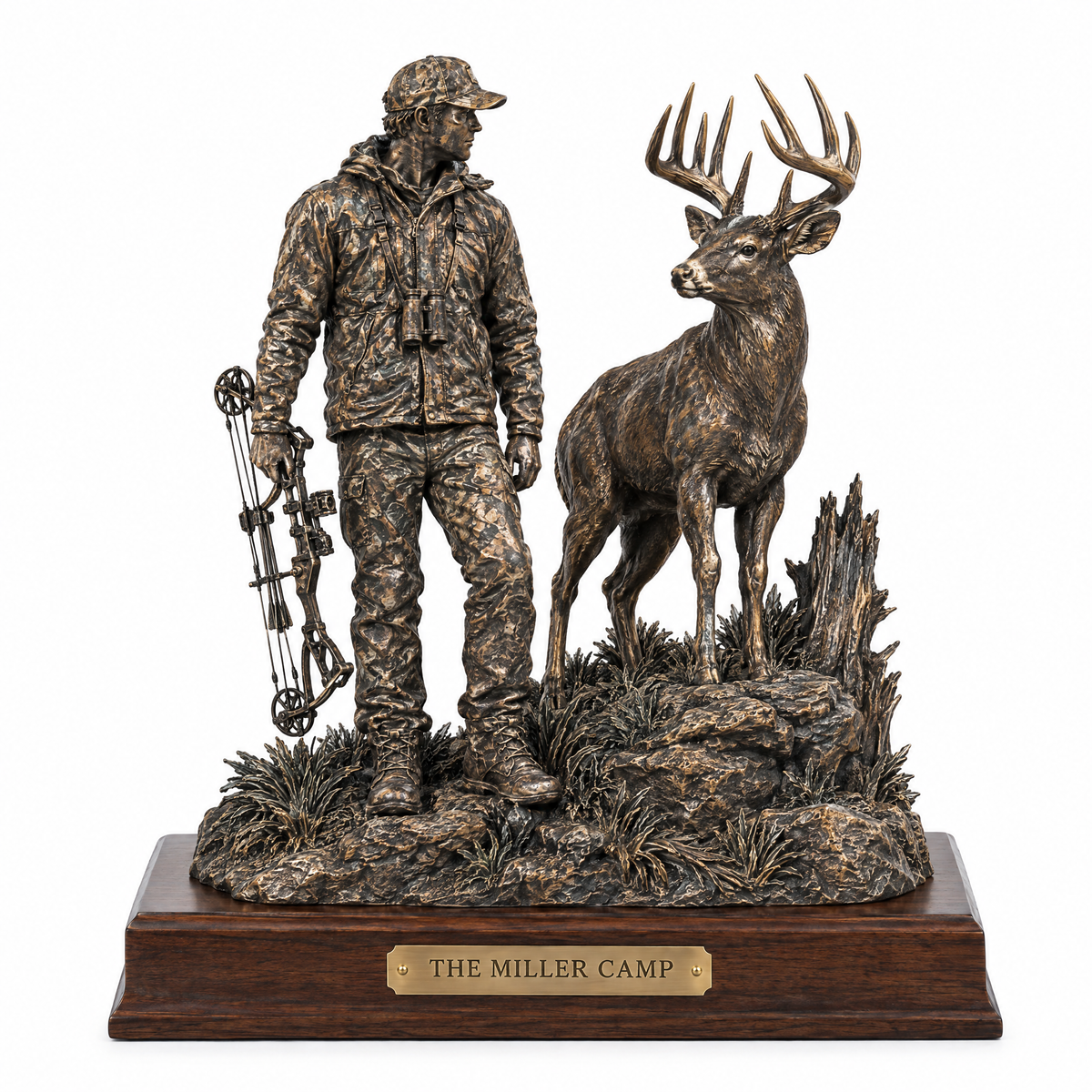 Bronze bow hunter and whitetail buck statue, plaque THE MILLER CAMP