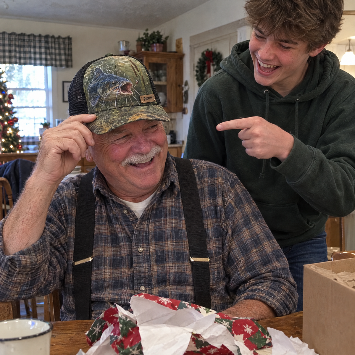Grandpa wears new catfish cap at Christmas with grandson