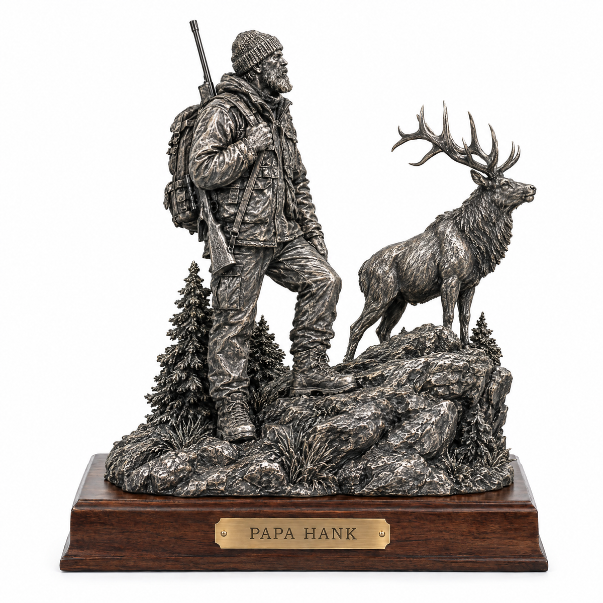 Hunter and bull elk statue, plaque PAPA HANK