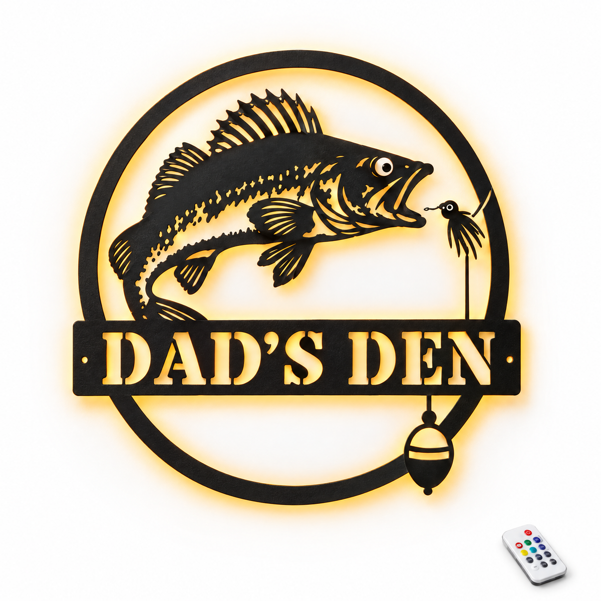Walleye metal sign DAD'S DEN with amber LED backlight