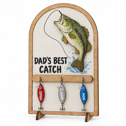 DAD'S BEST CATCH wooden bass sign with three name lures