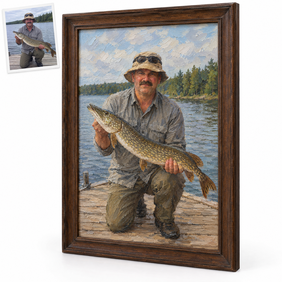 Framed oil-painting-style portrait of angler with northern pike on dock