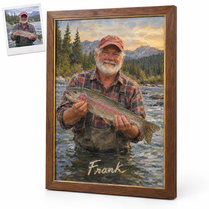 Framed oil painting of angler with rainbow trout and name Frank