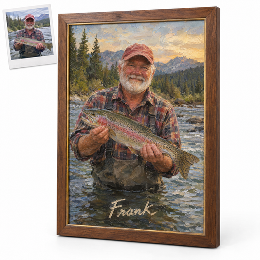 Framed oil painting of angler with rainbow trout and name Frank
