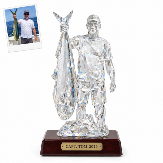 Crystal-style angler statue with mahi-mahi and CAPT. TOM 2026 plate