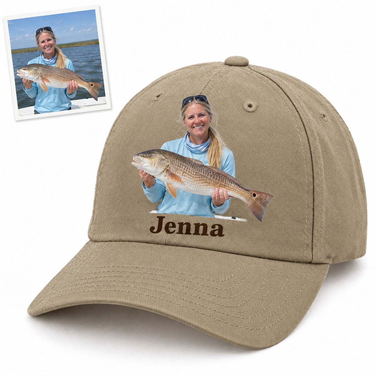 Khaki photo cap of woman angler with redfish named Jenna