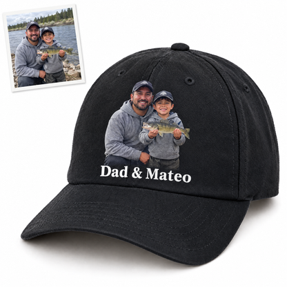Black photo cap of father and son with walleye, Dad & Mateo