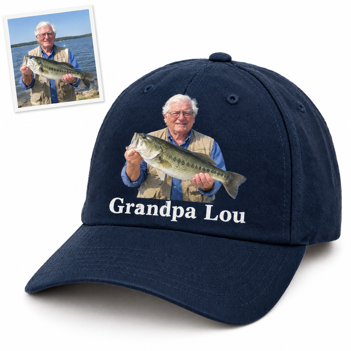 Photo cap of grandpa with largemouth bass named Grandpa Lou
