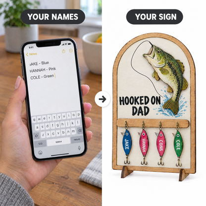 Typed names and lure colors on phone beside finished wooden bass sign