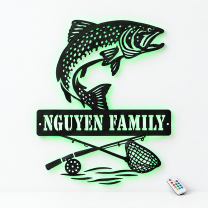 Salmon metal sign NGUYEN FAMILY with green LED backlight