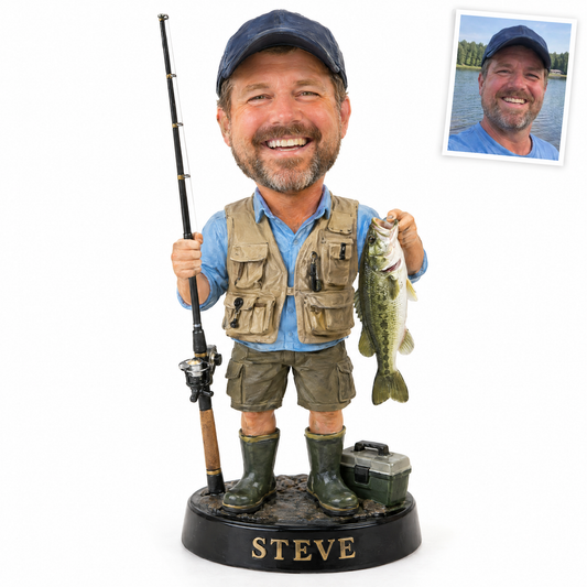 Custom caricature fisherman figurine with bass, name STEVE, customer photo inset