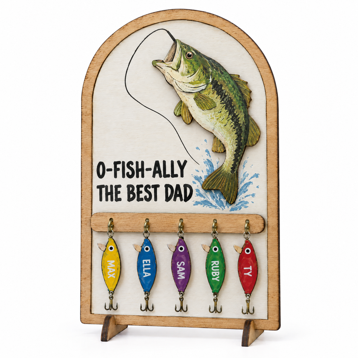 O-FISH-ALLY THE BEST DAD wooden sign with five name lures