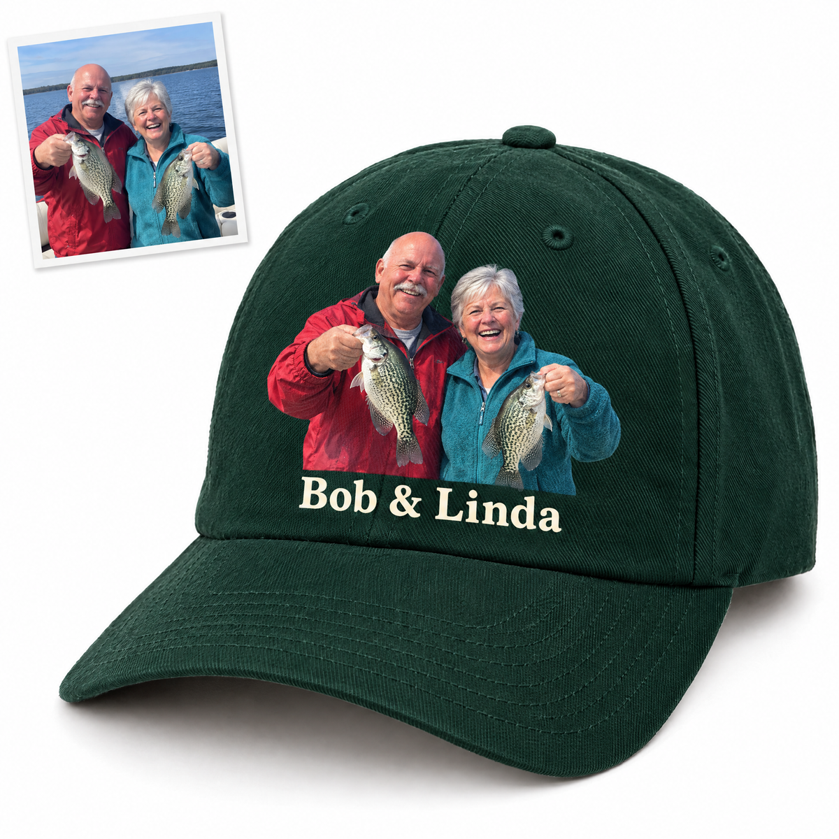 Green photo cap of retired couple with crappie, Bob & Linda