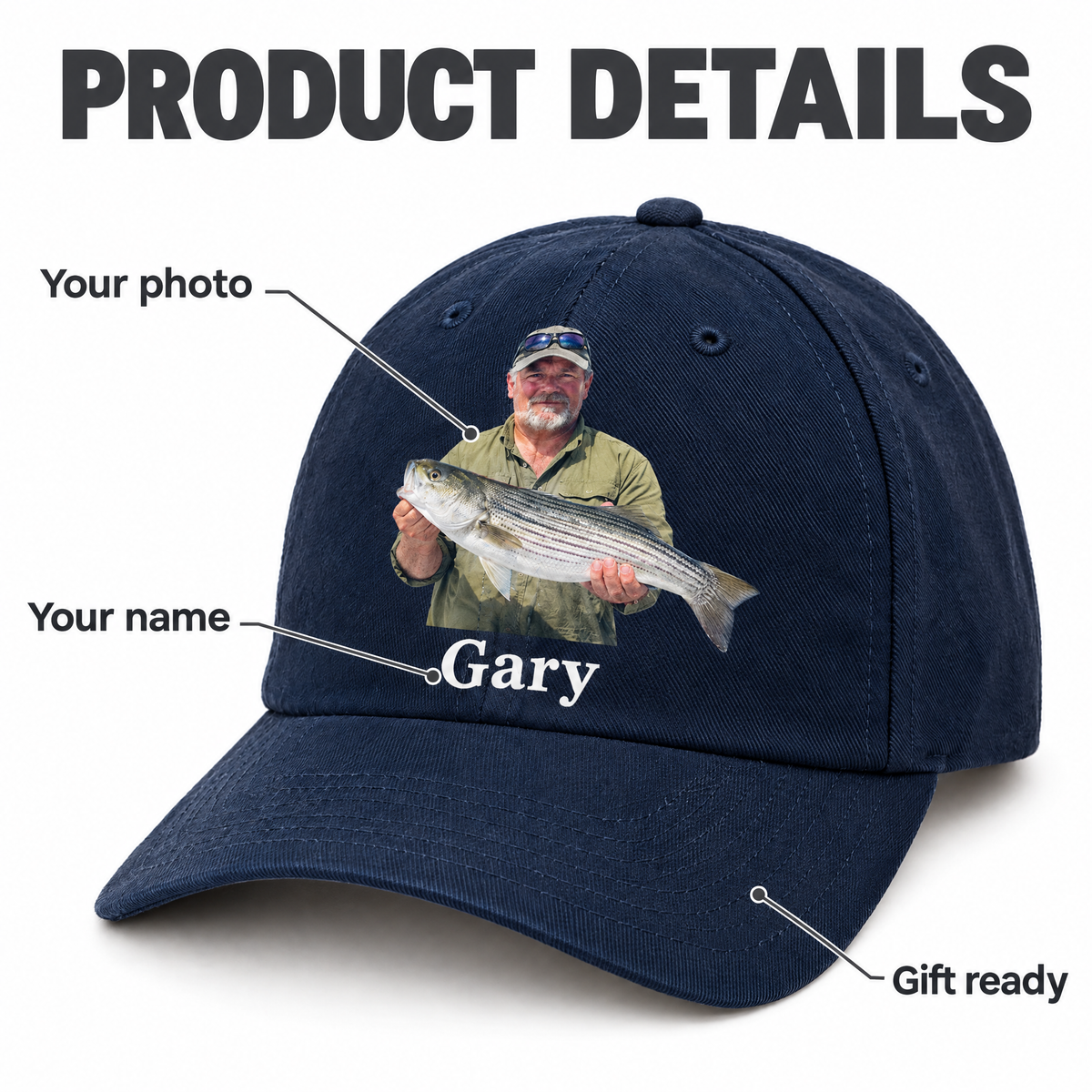 Product details: your photo, your name, gift ready fishing cap