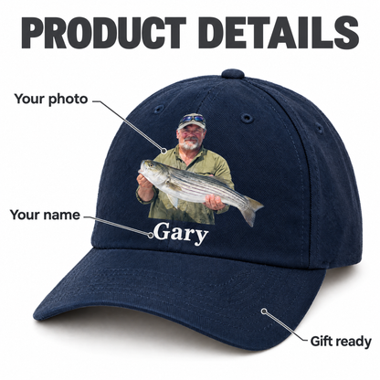 Product details: your photo, your name, gift ready fishing cap