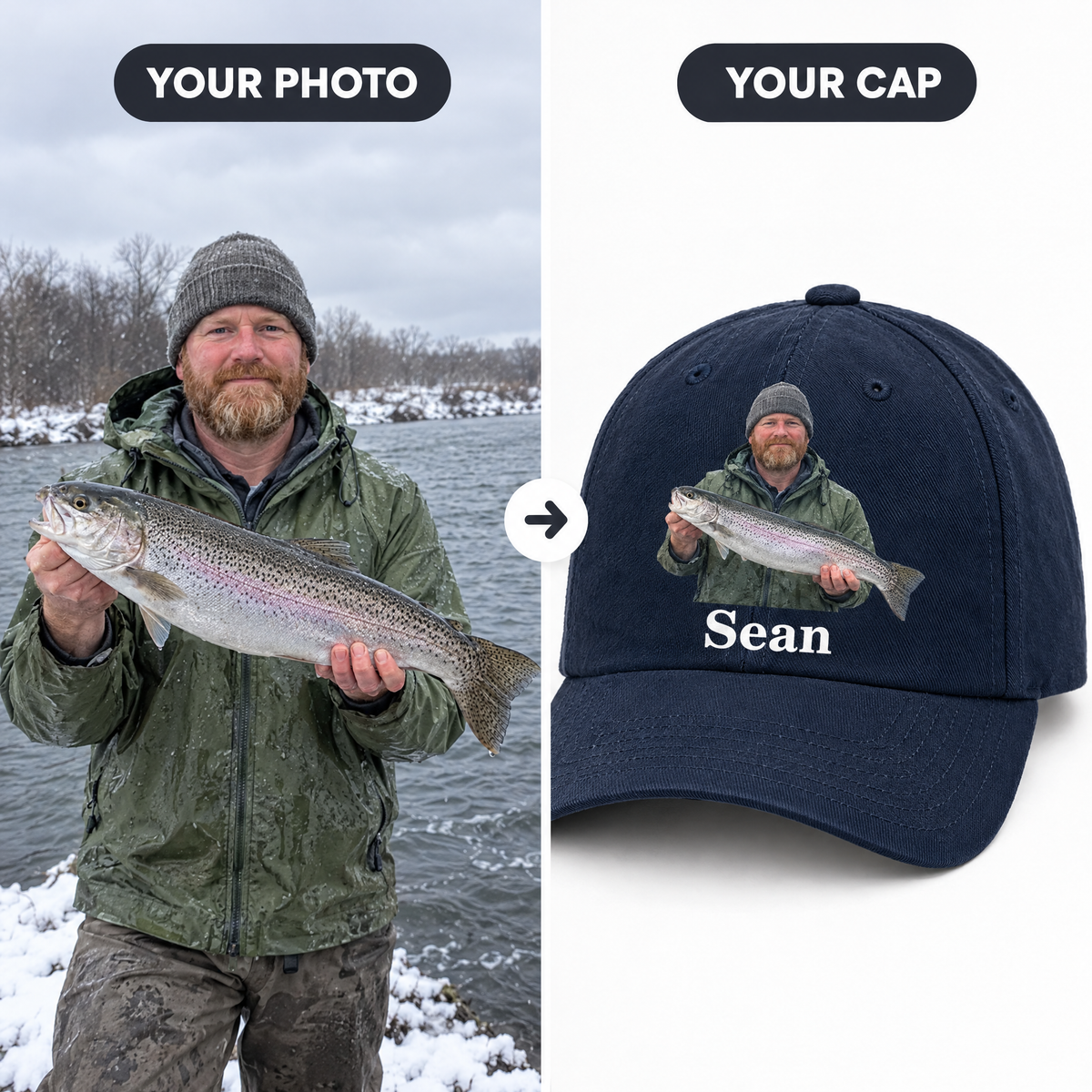 Angler steelhead photo turned into custom photo cap named Sean