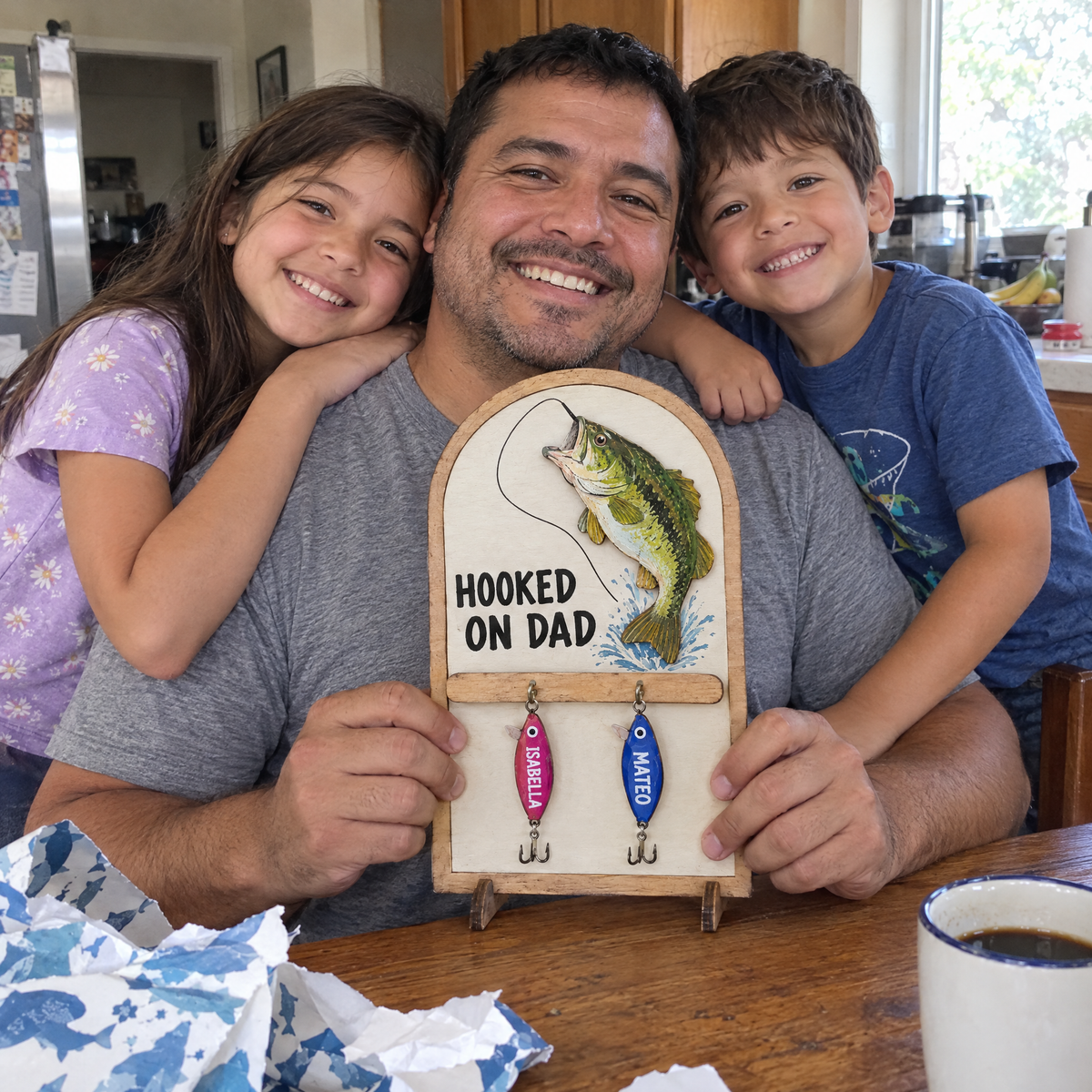 Dad with two kids holding HOOKED ON DAD sign on Father's Day