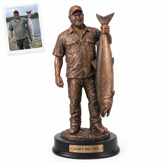 Copper-finish angler statue with king salmon and DAD'S BIG ONE plate